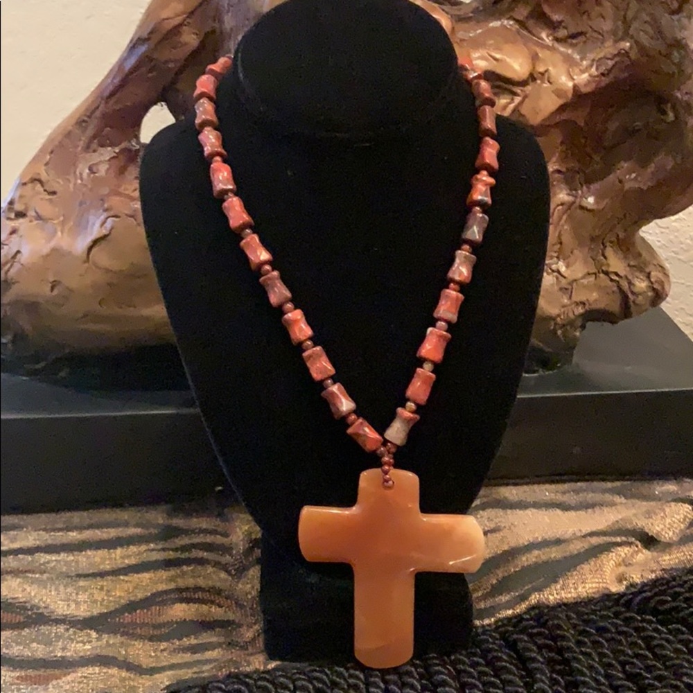 Carnelian Cross Beaded 18” Necklace SS Clasp